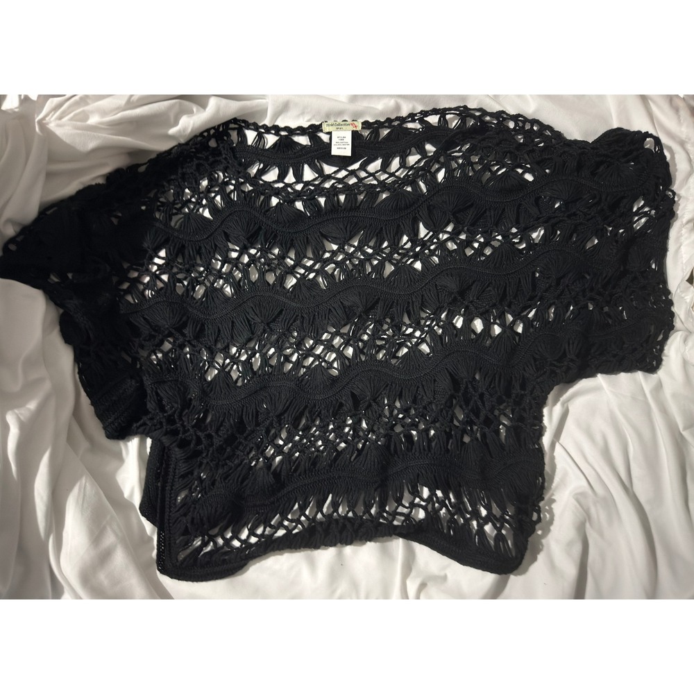 Vivid Collection of NY Crochet‎ Knit Top Women Medium Black Boho Open Weave Soft
